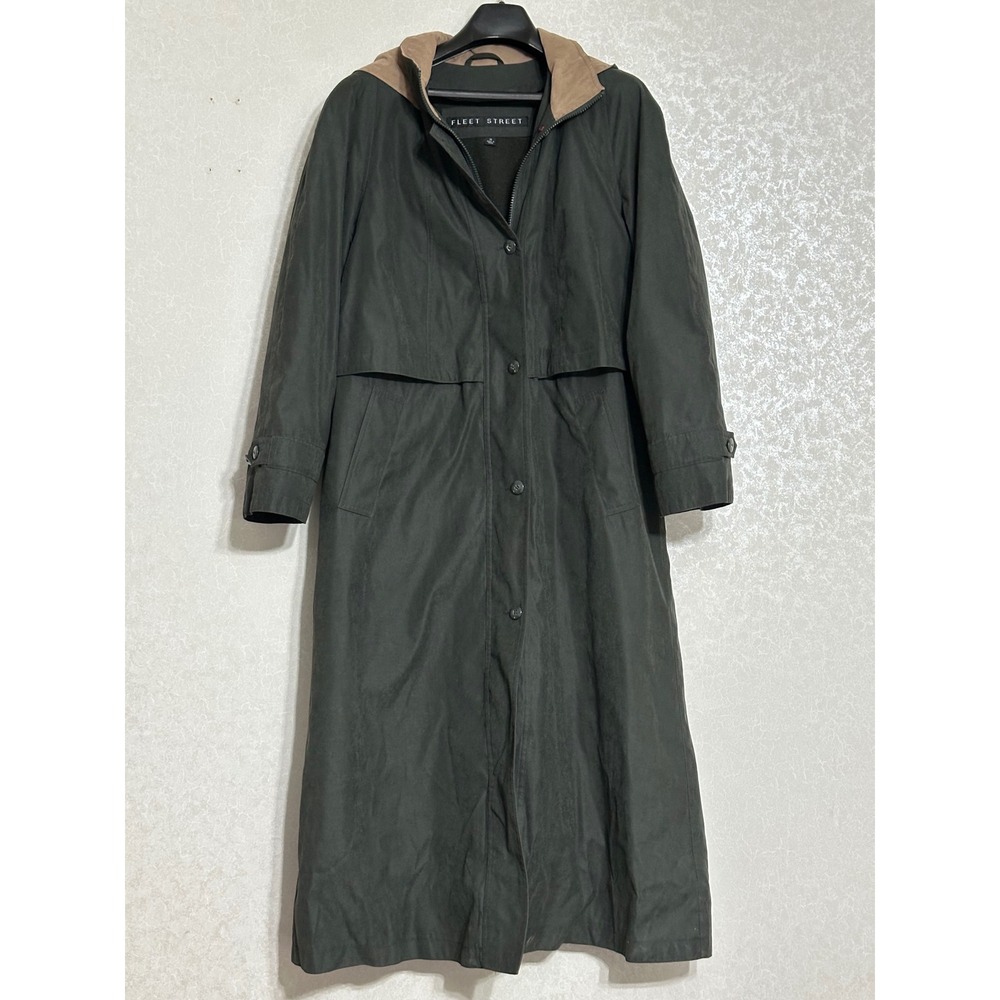 Fleet Street Hooded Long Trench Coat Rain Jacket Olive Green Gorpcore Size 14